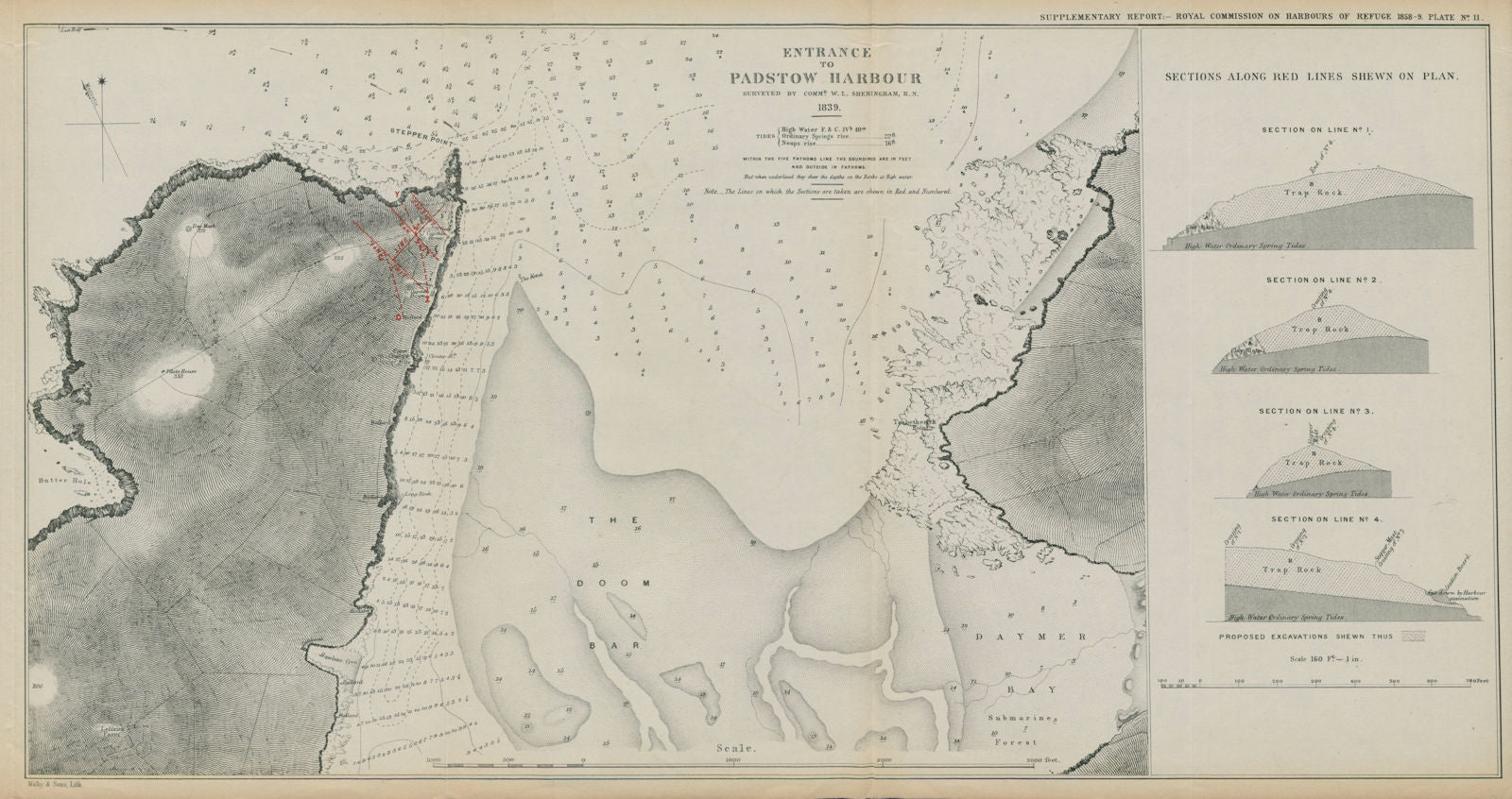 Entrance to Padstow Harbour surveyed by Commr. W L Sheringham. Cornwall 1859 map